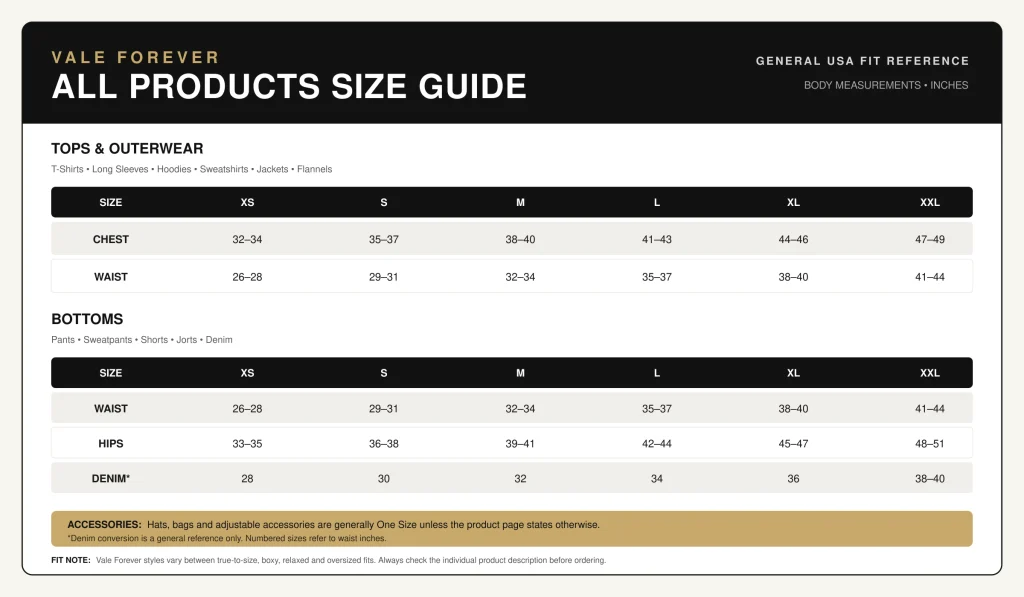 size chart vale forever