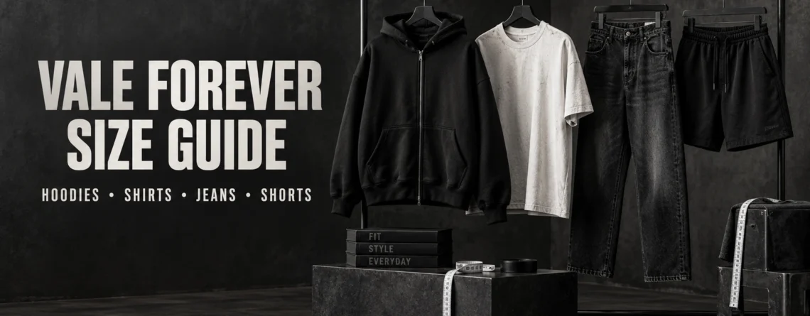 Vale Forever size guide featuring a black hoodie, white shirt, jeans, shorts, and measuring tape