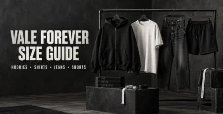 Vale Forever size guide featuring a black hoodie, white shirt, jeans, shorts, and measuring tape