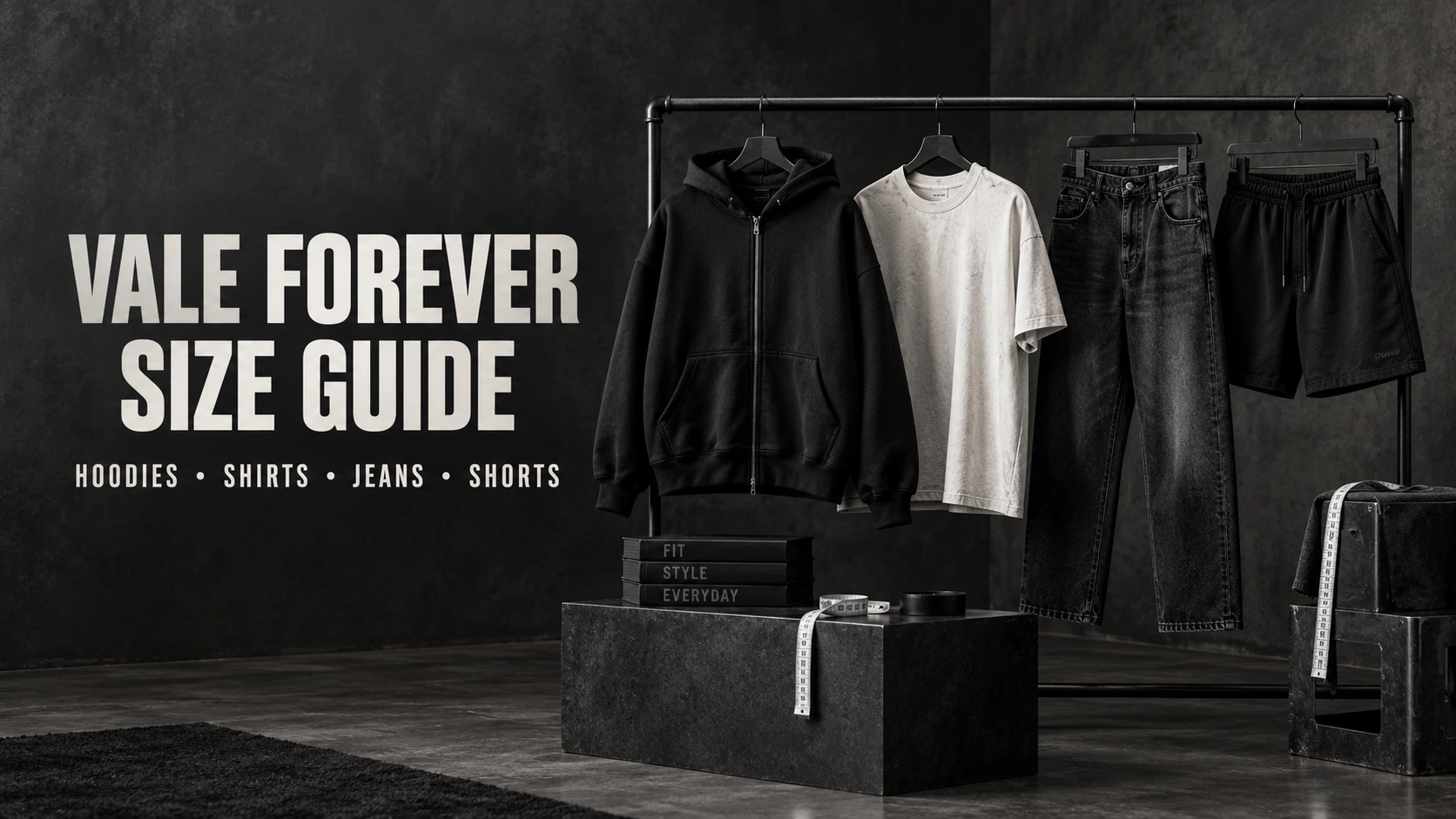 Vale Forever size guide featuring a black hoodie, white shirt, jeans, shorts, and measuring tape